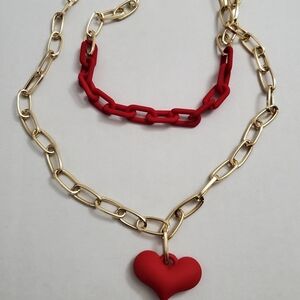 Red Heart Goldtone Link Chain Necklace